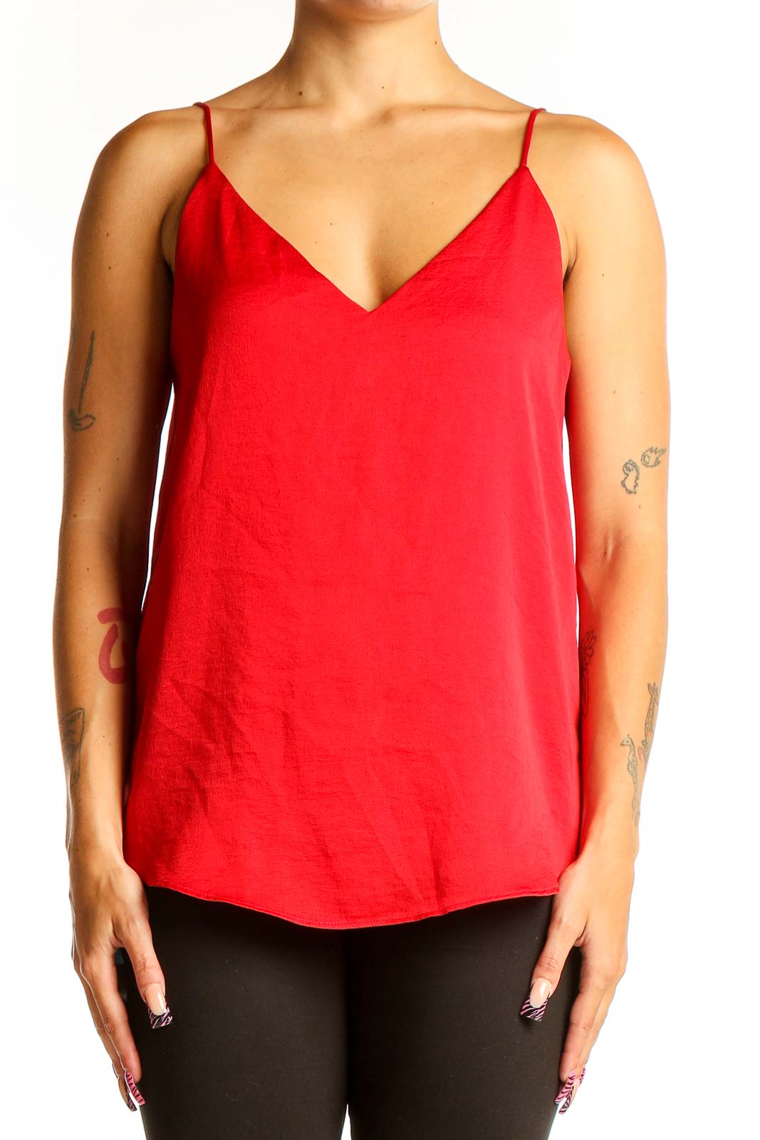 Front view of red V-neck polyester camisole from Express