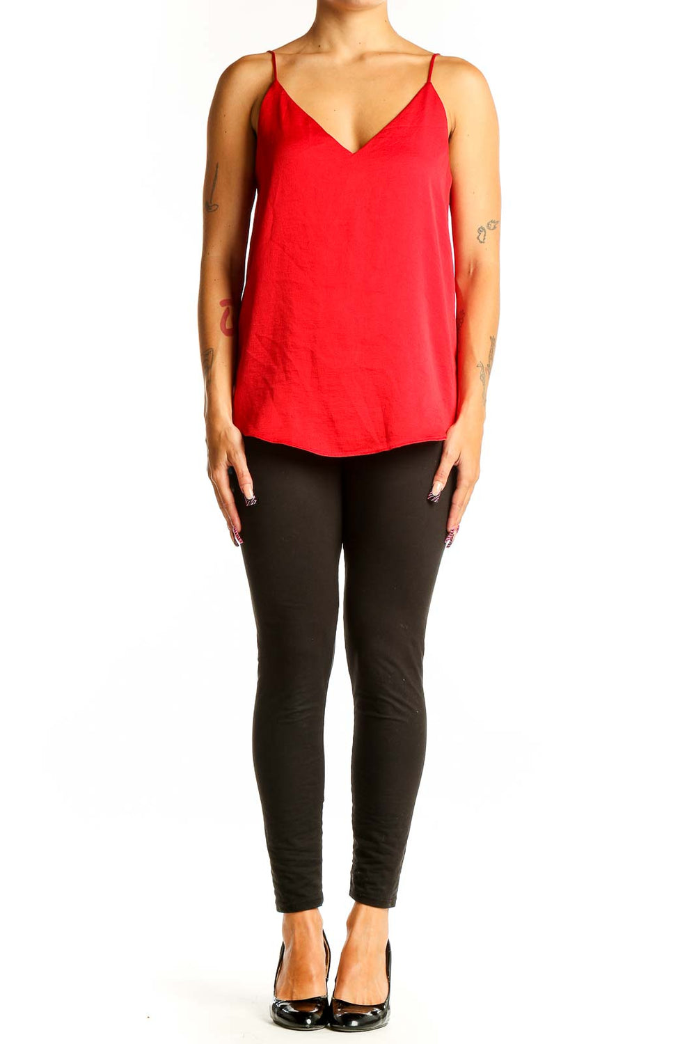 Front view of red V-neck polyester camisole from Express