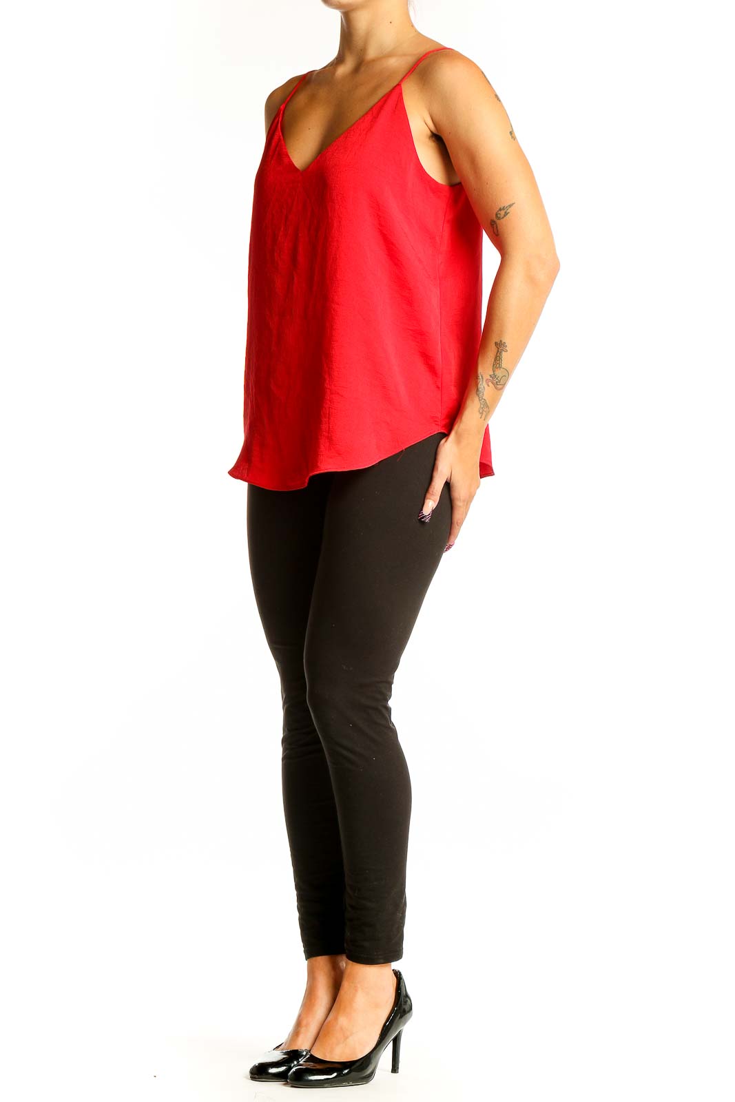 Front view of red V-neck polyester camisole from Express