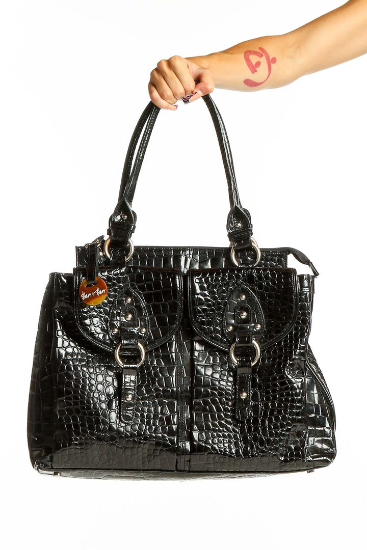 Front view of Barr & Barr black crocodile-embossed leather tote bag with buckle details