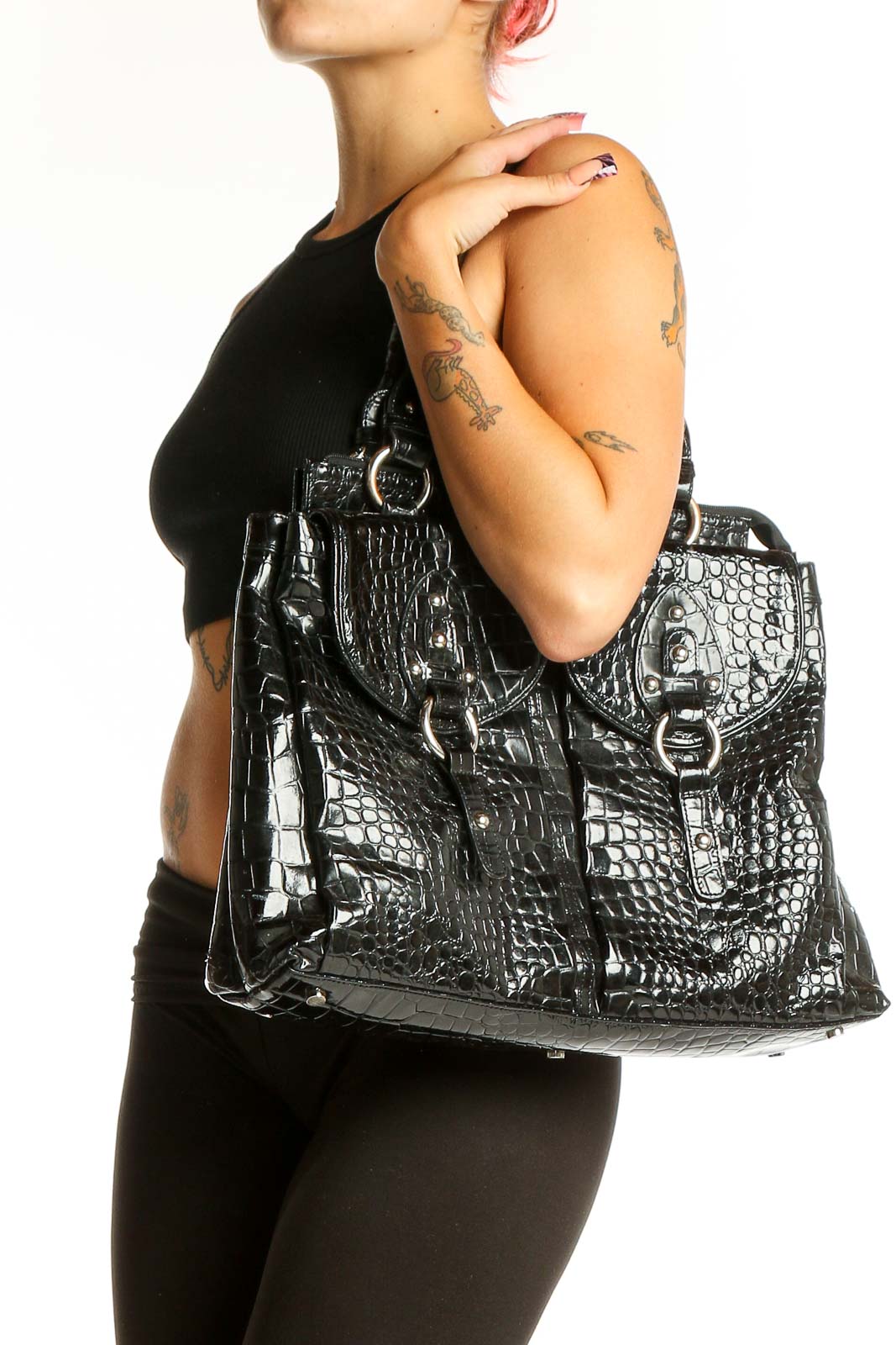 Front view of Barr & Barr black crocodile-embossed leather tote bag with buckle details