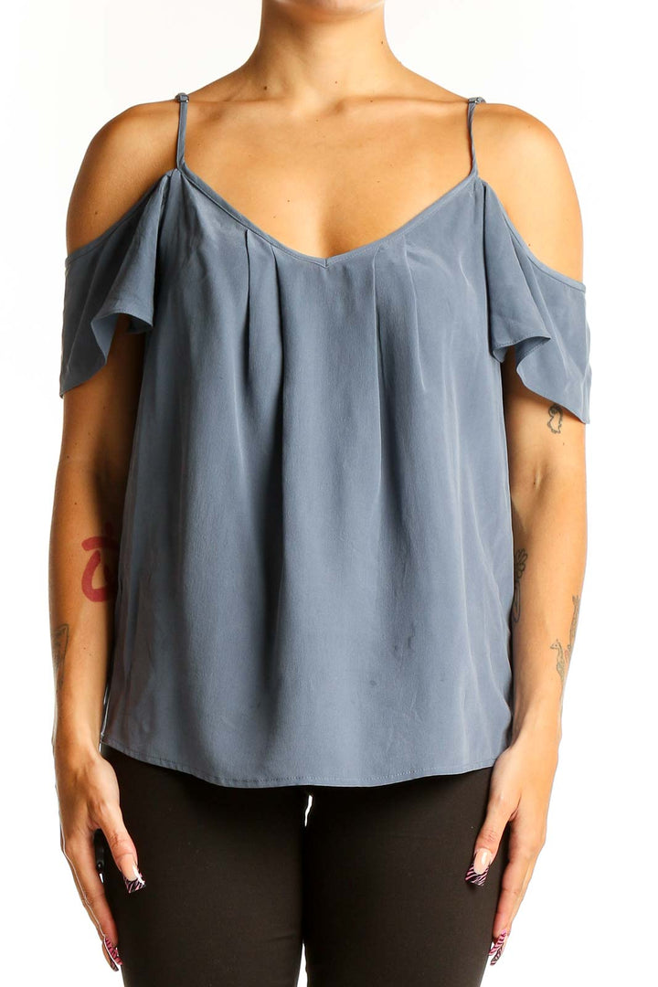 Front view of Joie blue silk cold-shoulder camisole top