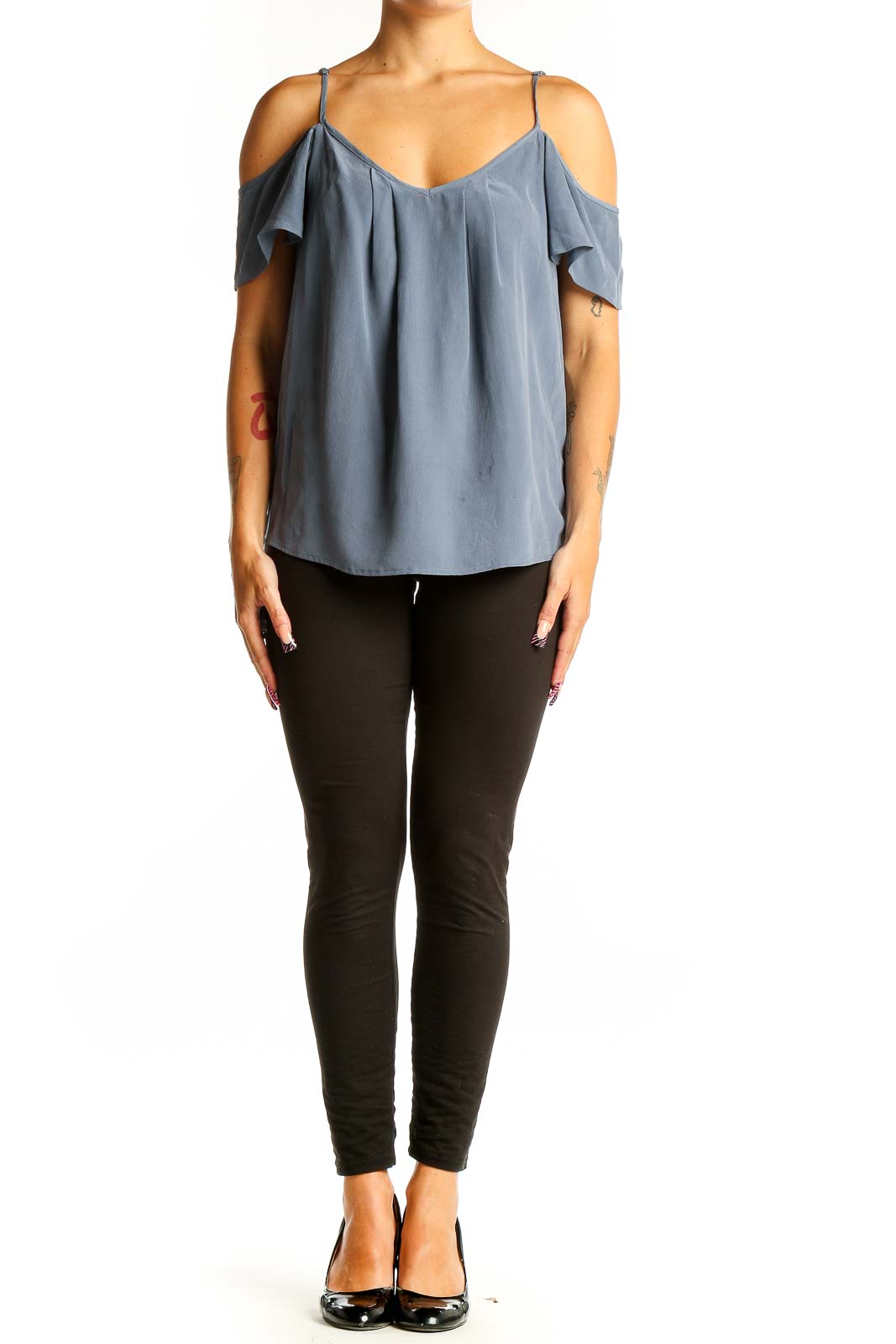 Front view of Joie blue silk cold-shoulder camisole top