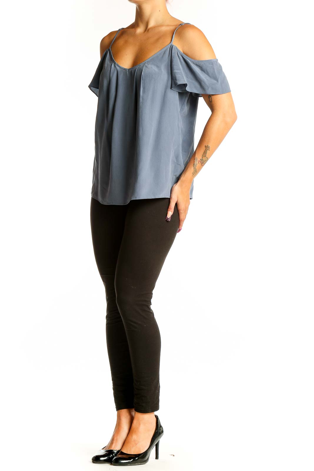 Front view of Joie blue silk cold-shoulder camisole top