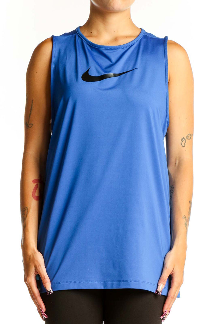 Front view of blue Nike performance tank top with black swoosh logo
