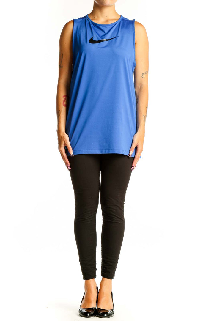 Front view of blue Nike performance tank top with black swoosh logo
