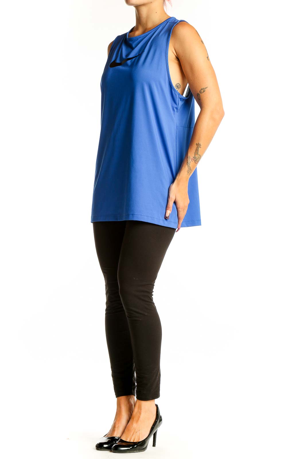 Front view of blue Nike performance tank top with black swoosh logo