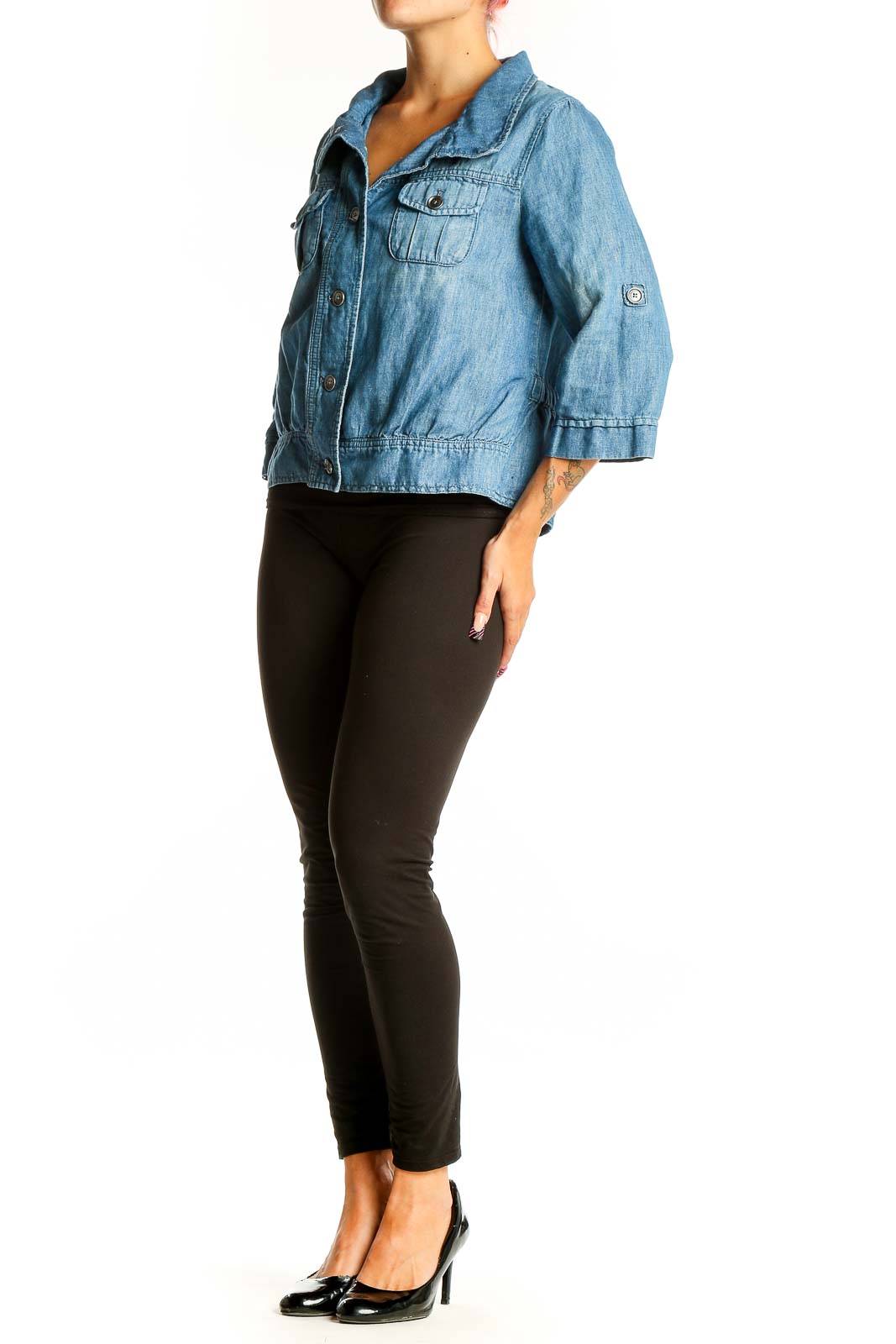 Front view of Ann Taylor LOFT blue cropped jacket with button closure and chest pockets
