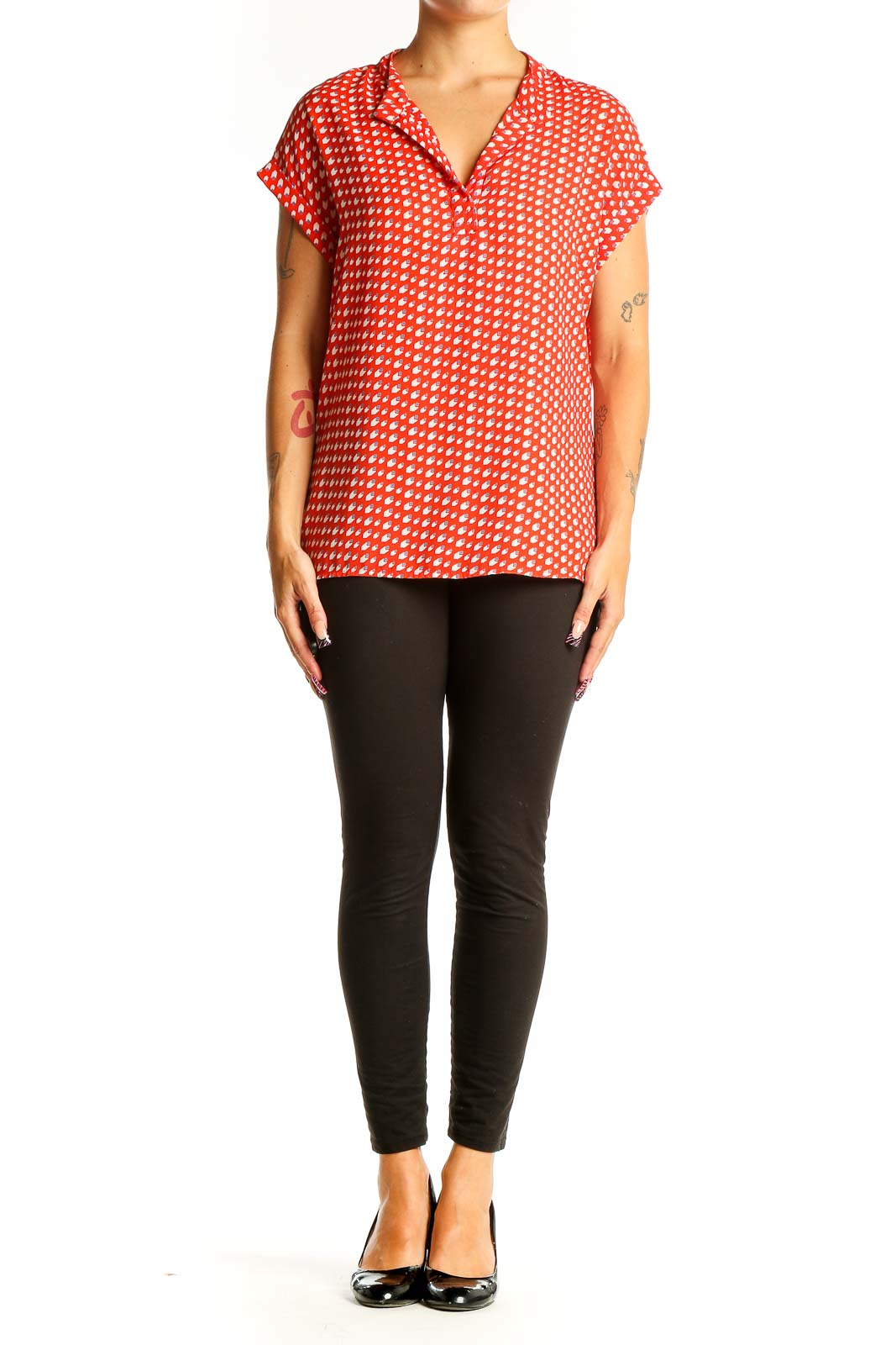 Front view of Pleione red polka dot short sleeve blouse with collar