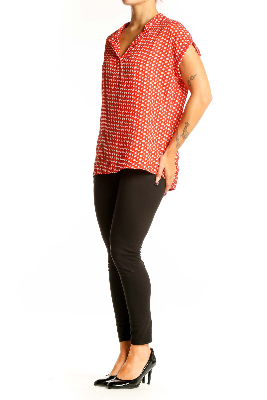 Front view of Pleione red polka dot short sleeve blouse with collar