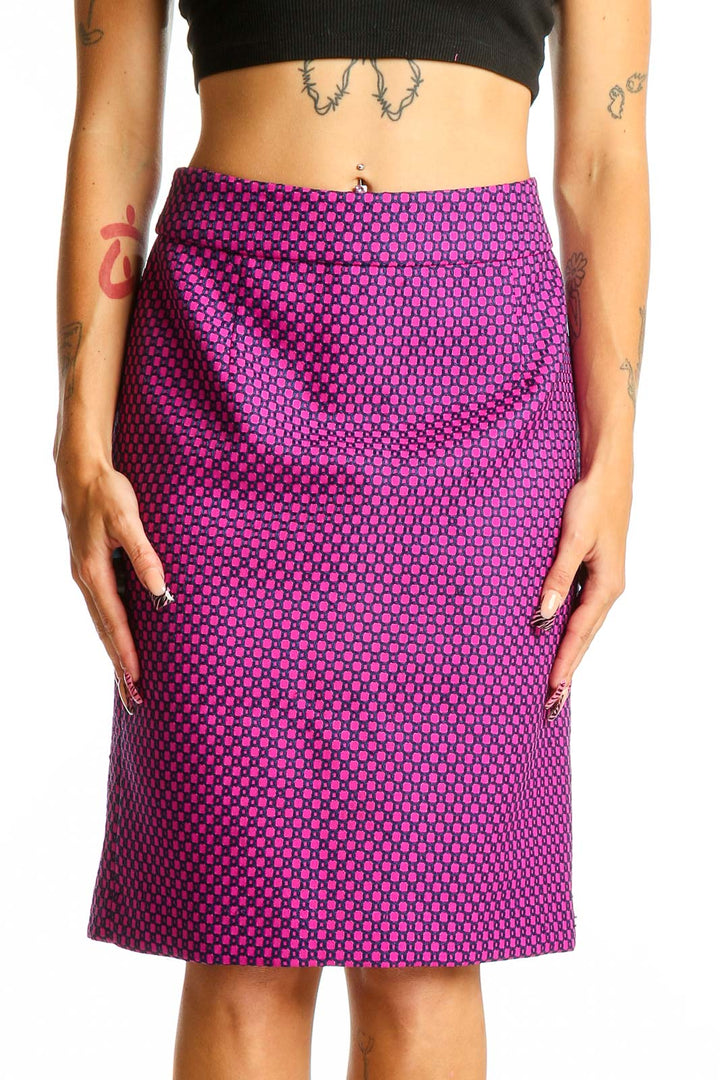 Front view of Banana Republic purple geometric print pencil skirt
