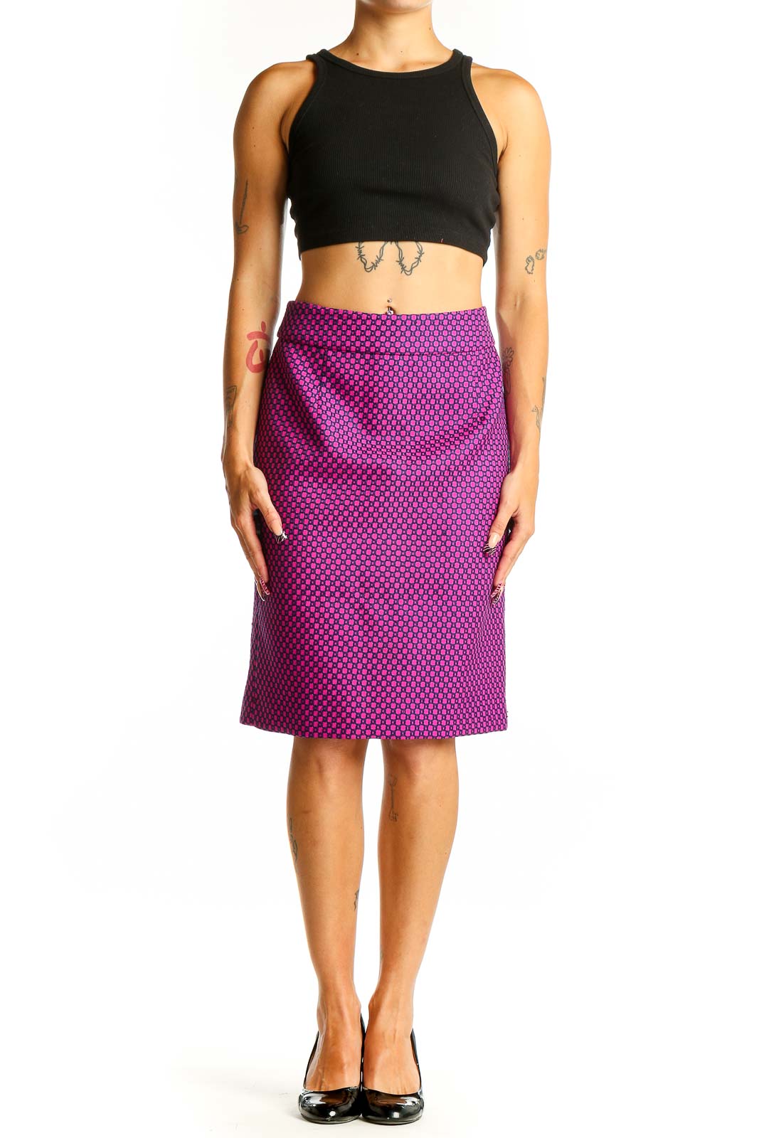 Front view of Banana Republic purple geometric print pencil skirt