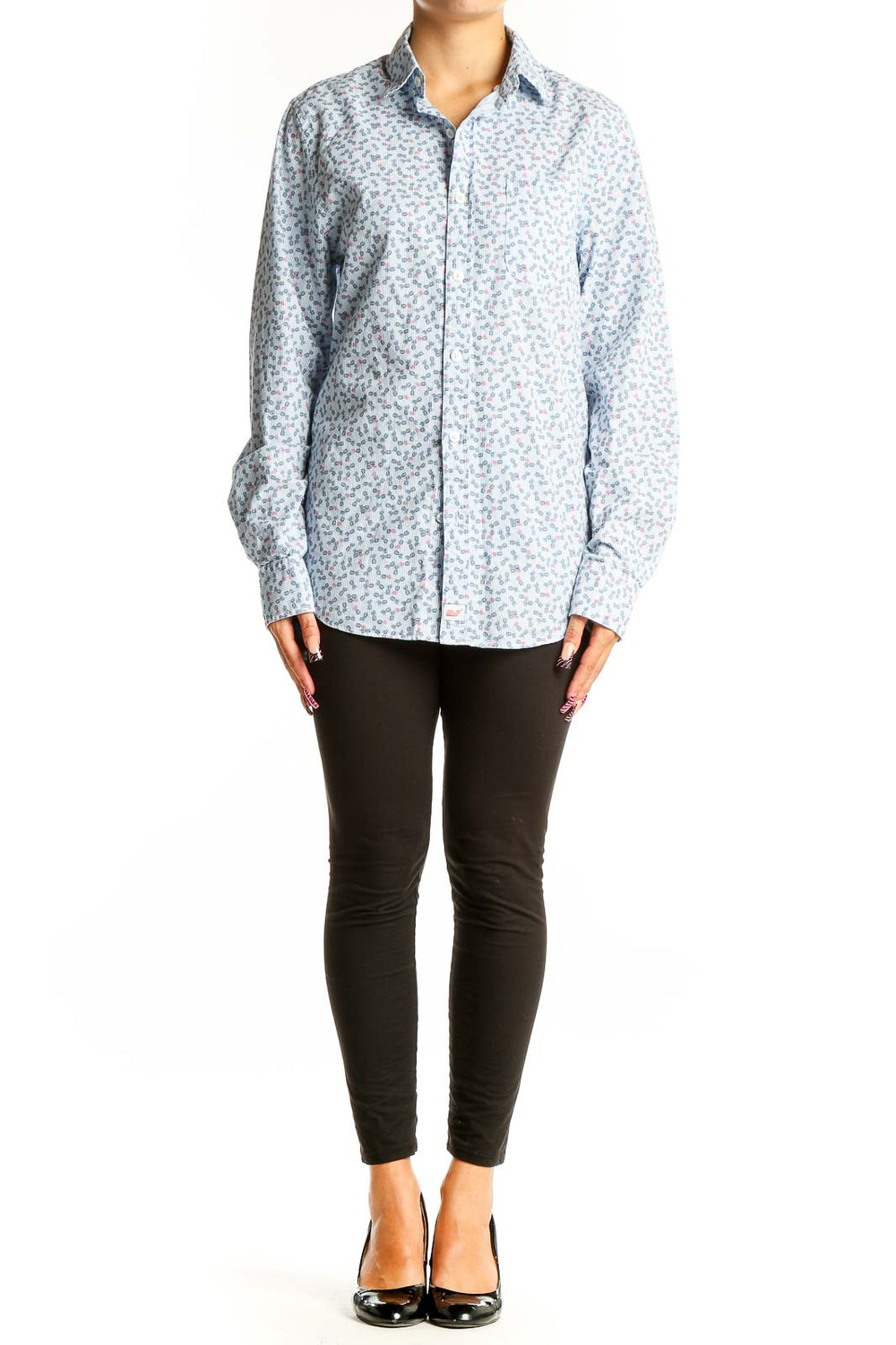 Front view of vineyard vines light blue floral print cotton shirt