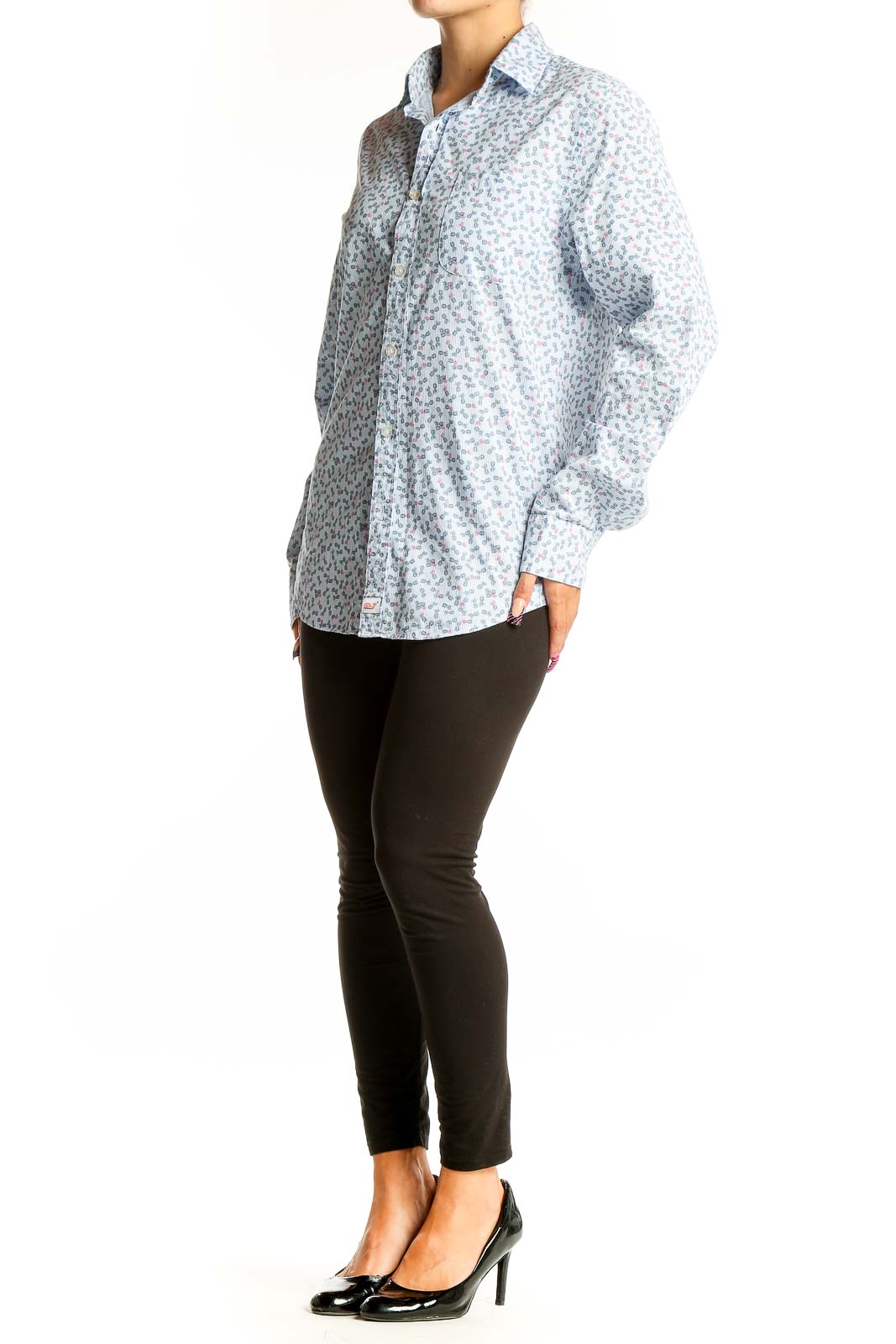 Front view of vineyard vines light blue floral print cotton shirt