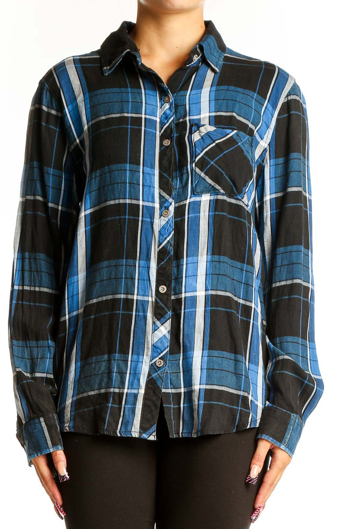 Front view of C&C California blue and black plaid button-up shirt