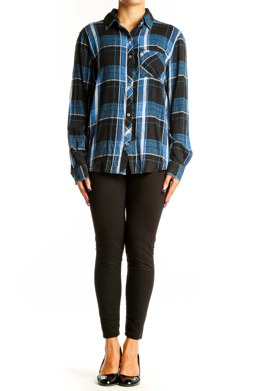 Front view of C&C California blue and black plaid button-up shirt
