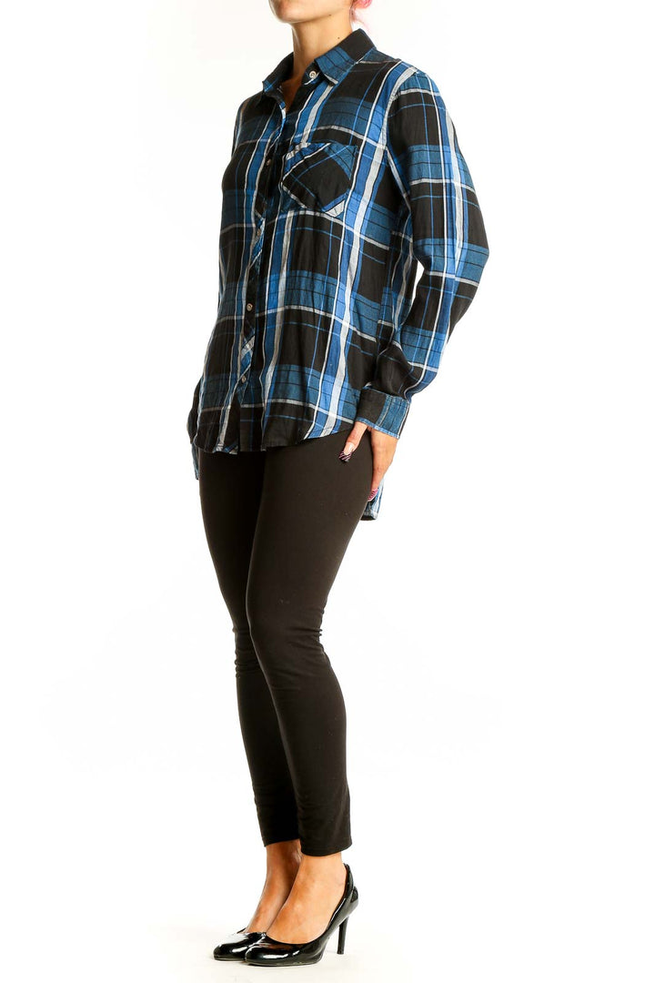Front view of C&C California blue and black plaid button-up shirt