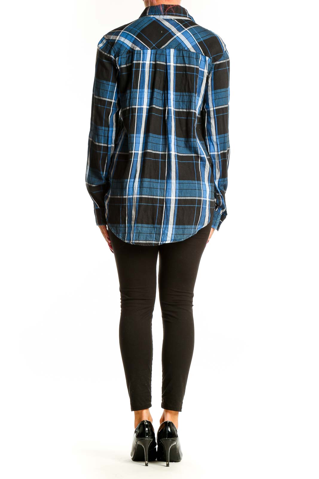 Back view of C&C California blue and black plaid button-up shirt on model