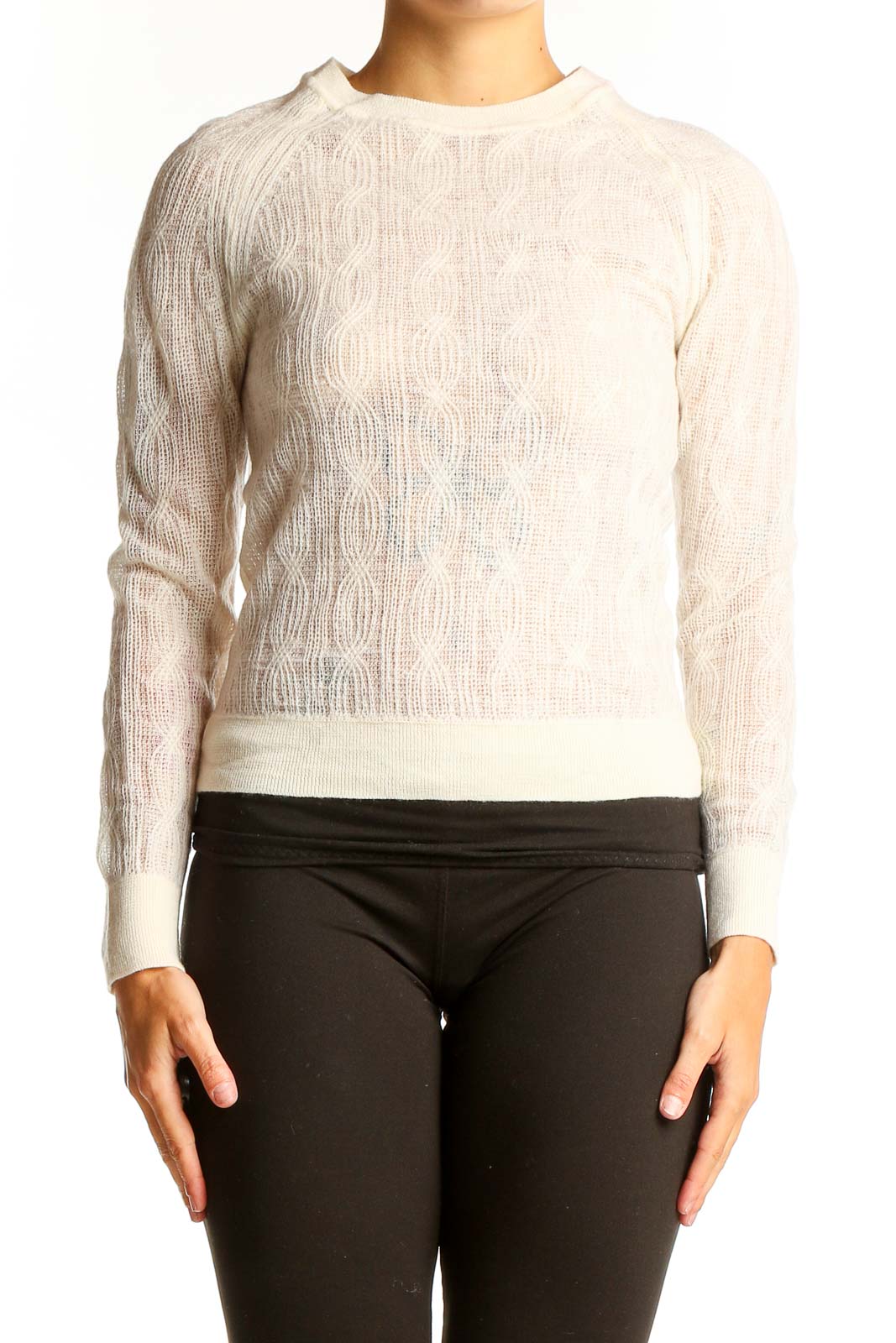 Front view of cream Merino wool cable knit sweater from Banana Republic