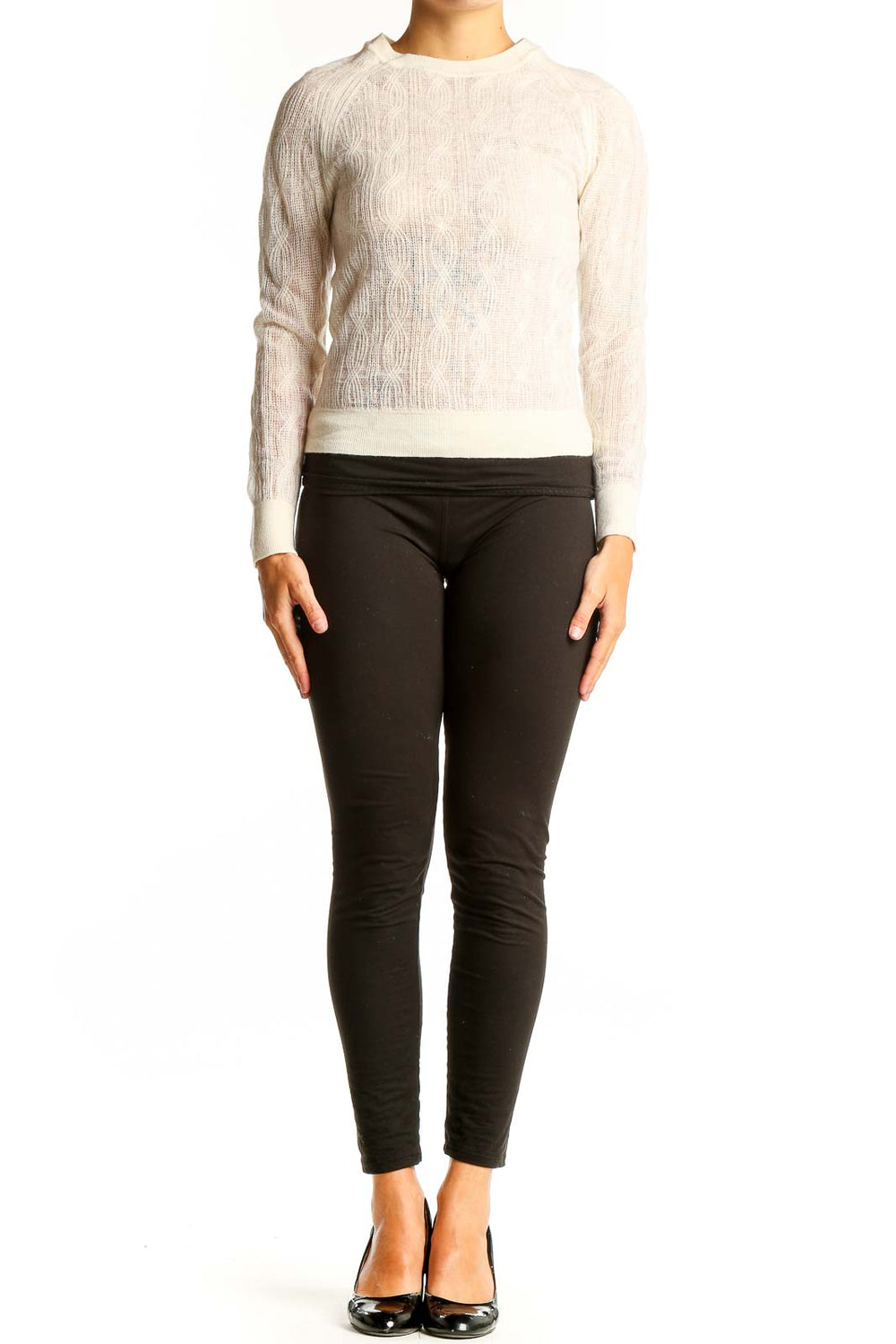 Front view of cream Merino wool cable knit sweater from Banana Republic