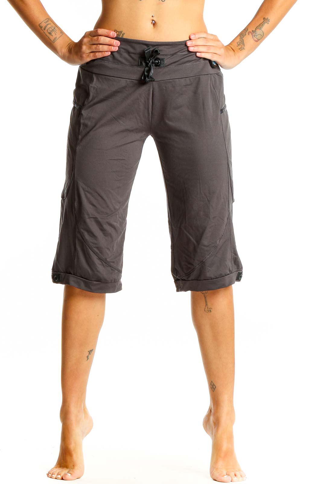 Front view of gray Adidas activewear capri pants with drawstring waist