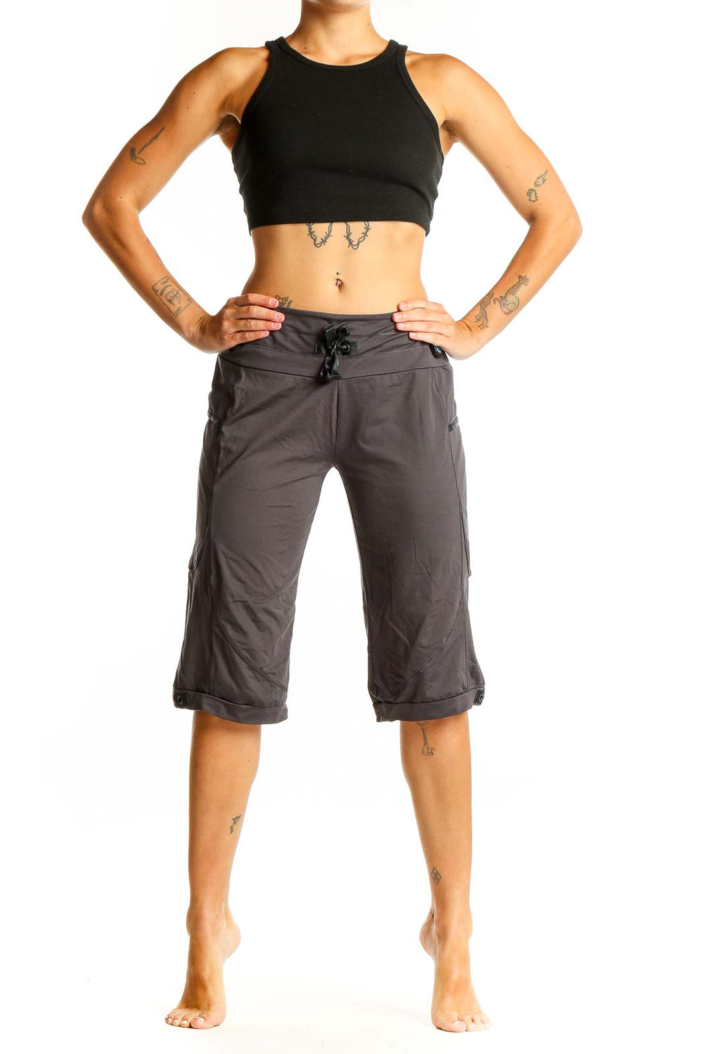 Front view of gray Adidas activewear capri pants with drawstring waist