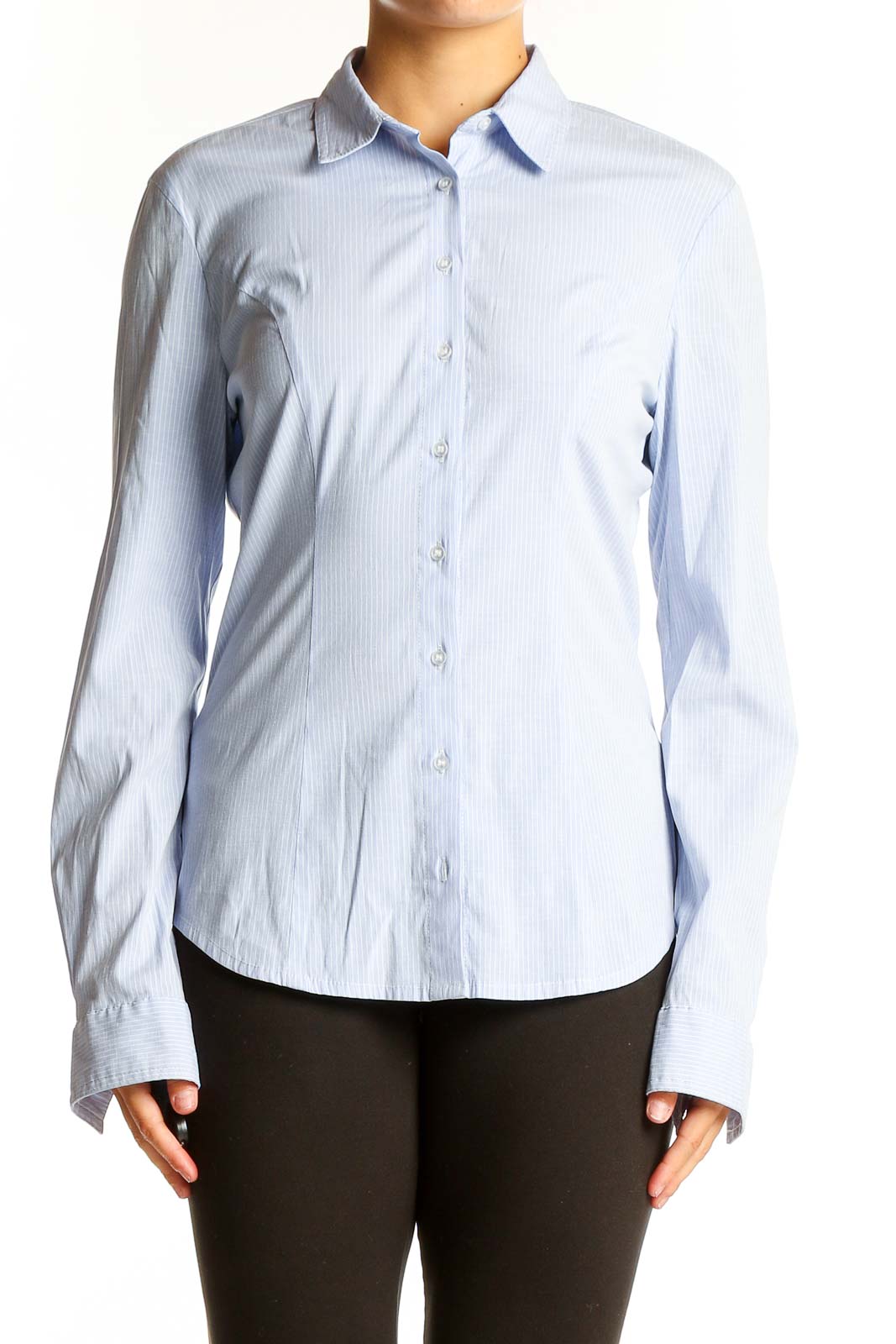 Front view of RESERVED light blue striped button-up shirt