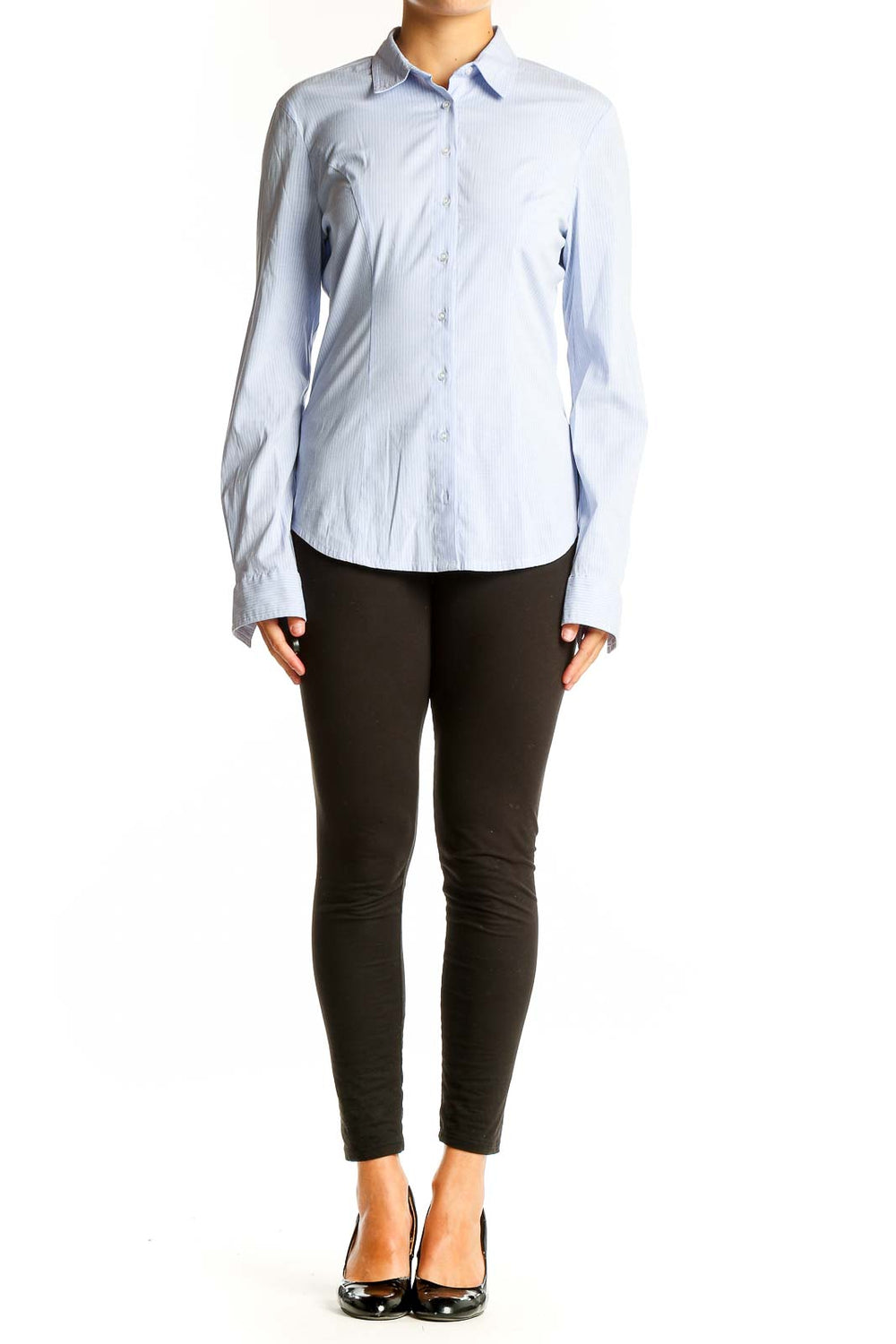 Front view of RESERVED light blue striped button-up shirt