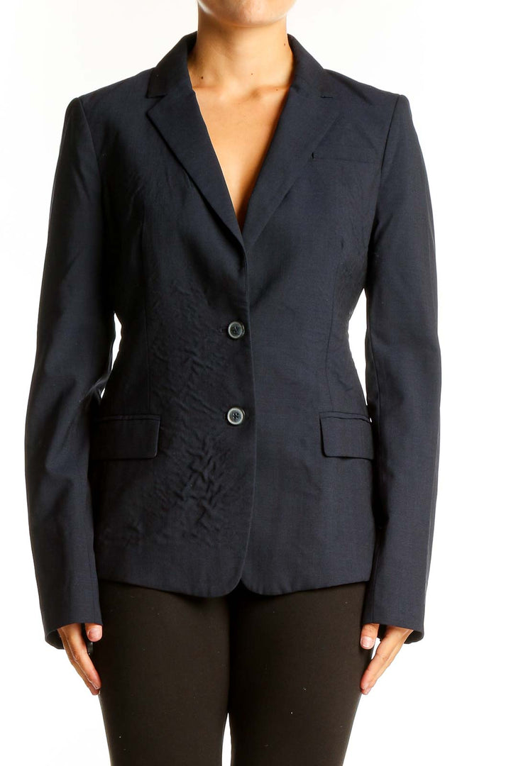 Front view of Banana Republic navy wool blend blazer on model