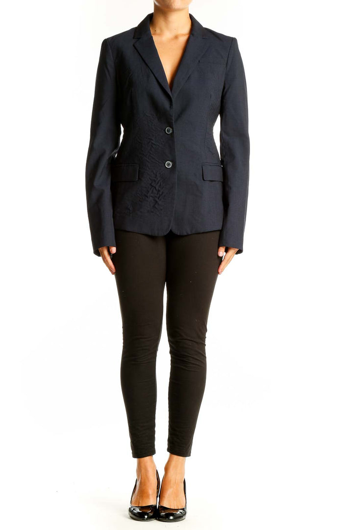 Front view of Banana Republic navy wool blend blazer on model