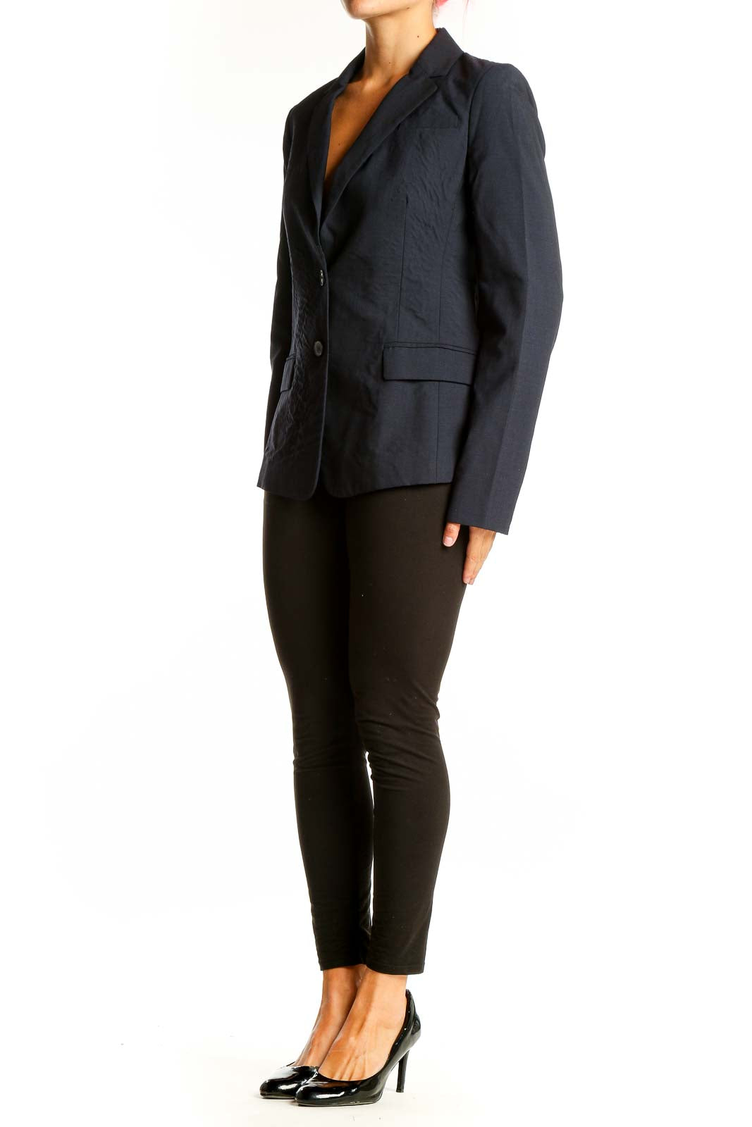 Front view of Banana Republic navy wool blend blazer on model