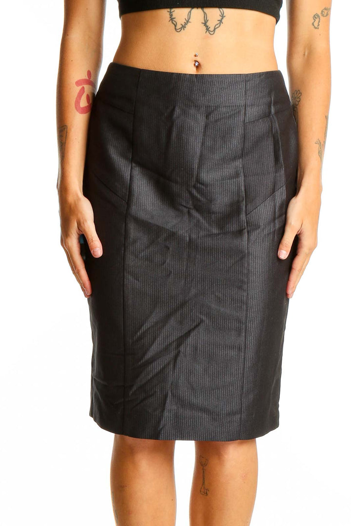 Front view of Koton black pinstriped pencil skirt