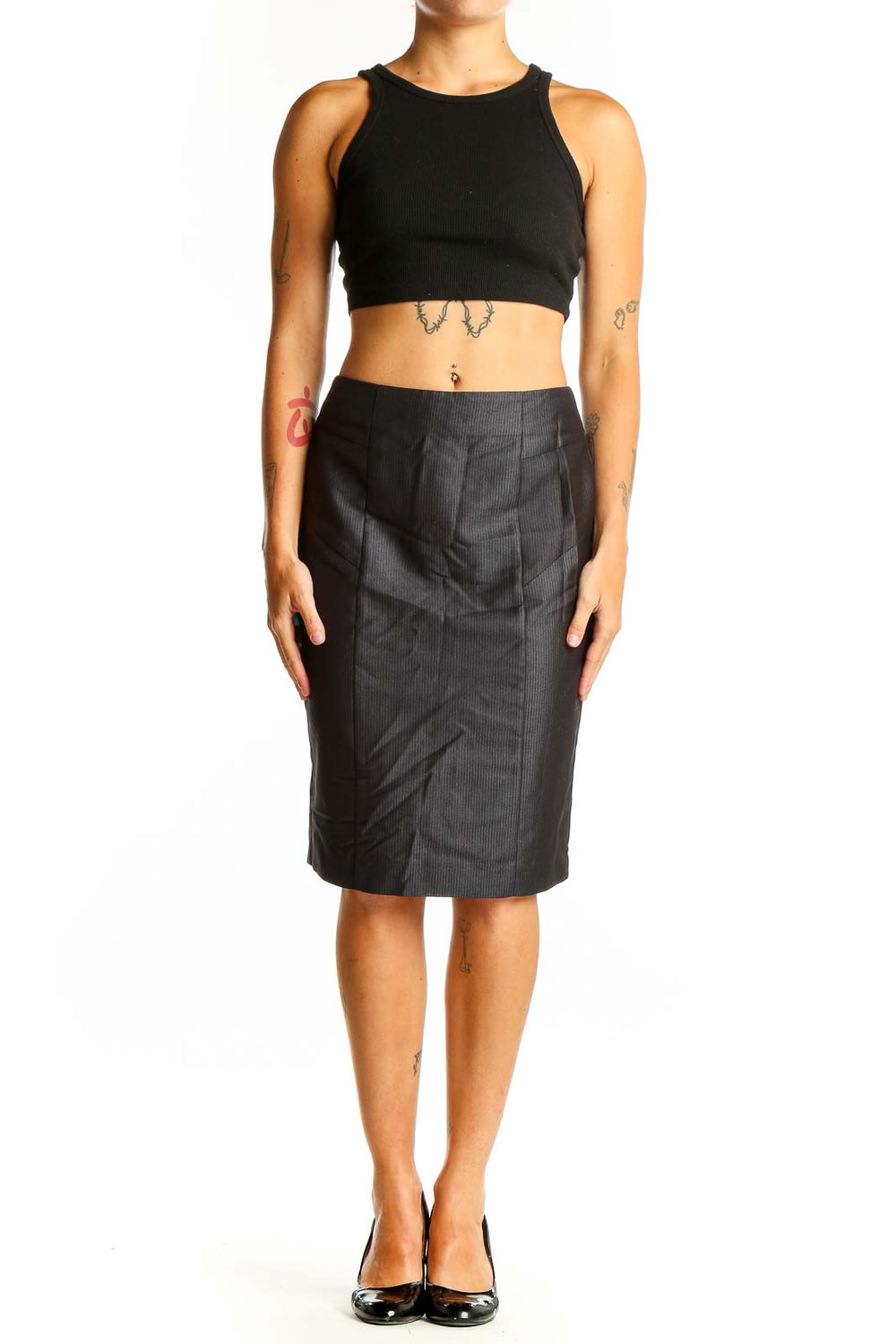 Front view of Koton black pinstriped pencil skirt