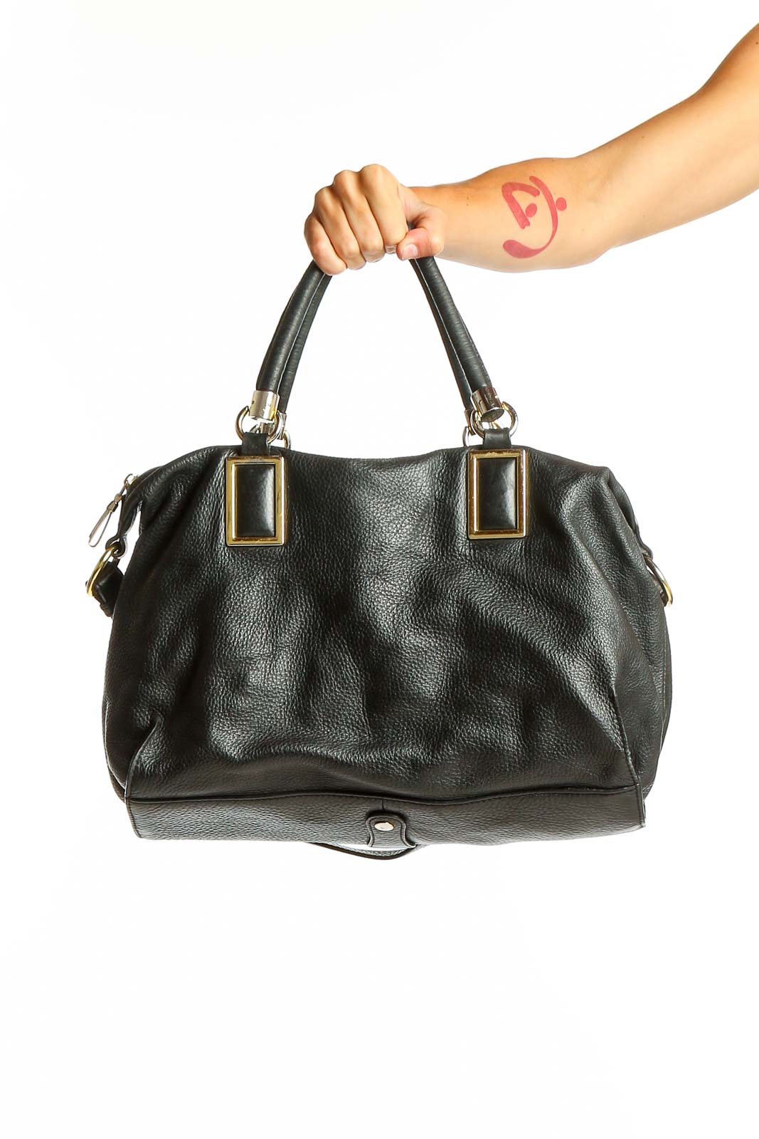 Front view of Jack French London black leather satchel with gold hardware