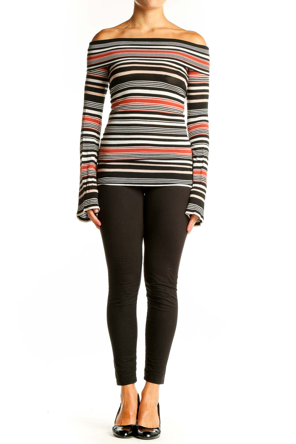 Front view of Free People Black Striped Off-Shoulder Knit Top with coral and white stripes
