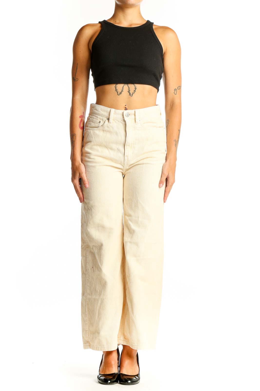 Front view of BDG cream corduroy wide-leg pants