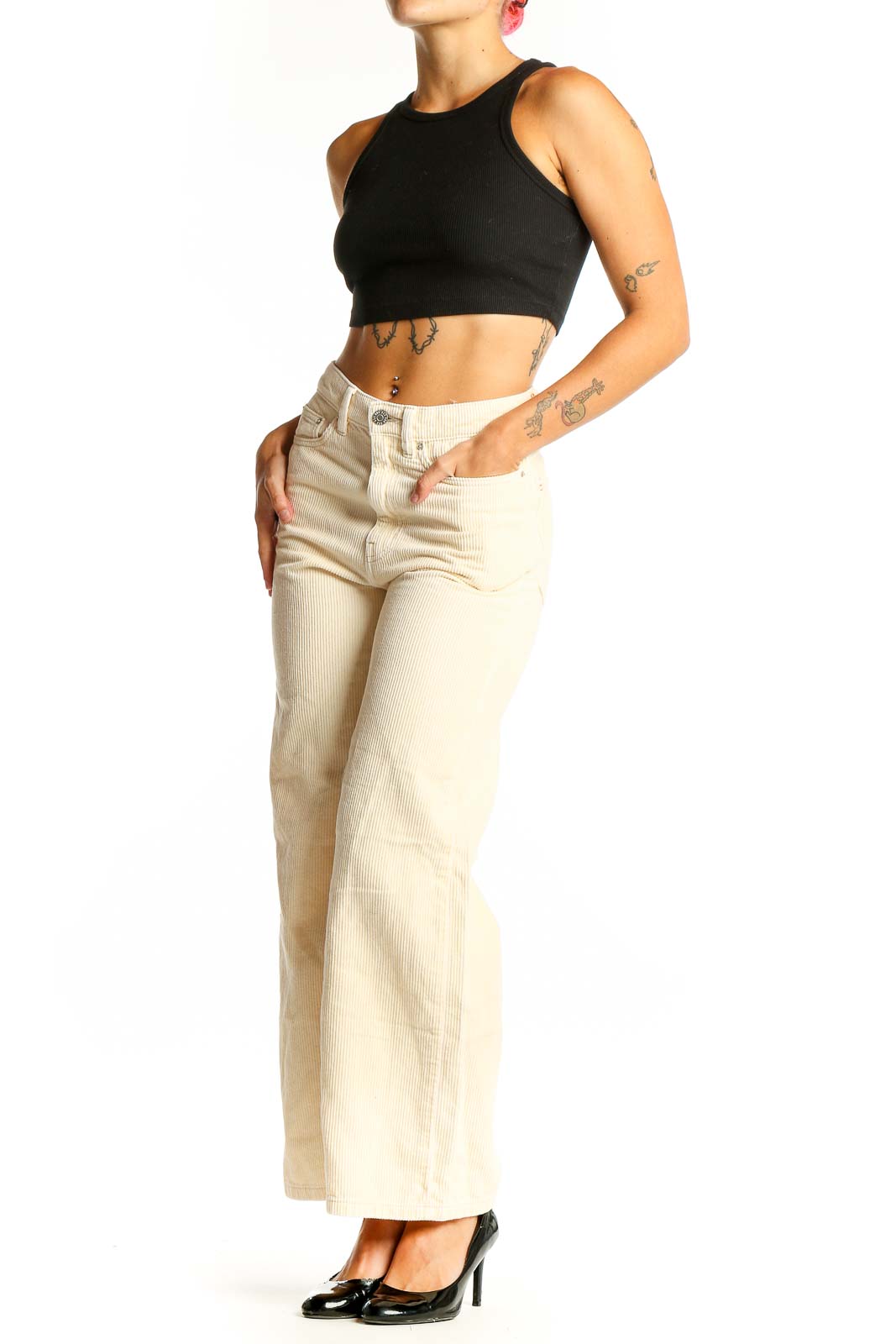 Front view of BDG cream corduroy wide-leg pants