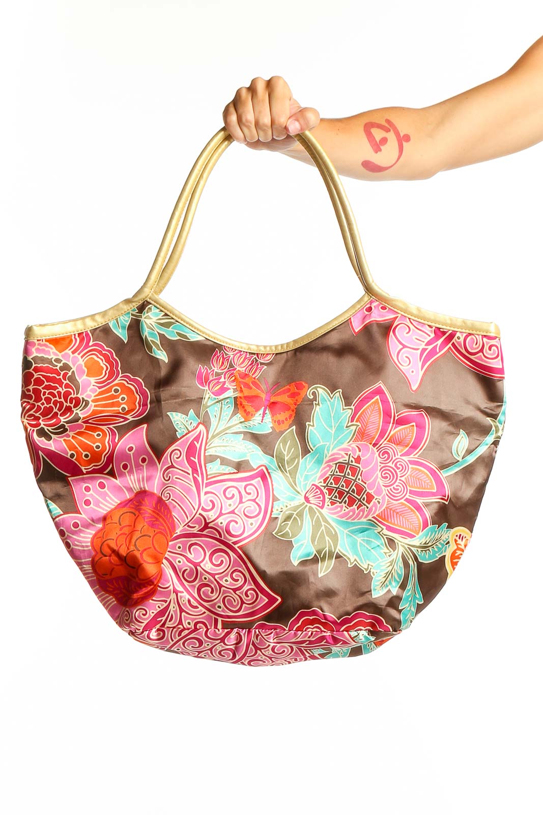 Front view of SilkRoll brown tote bag with colorful floral and butterfly print