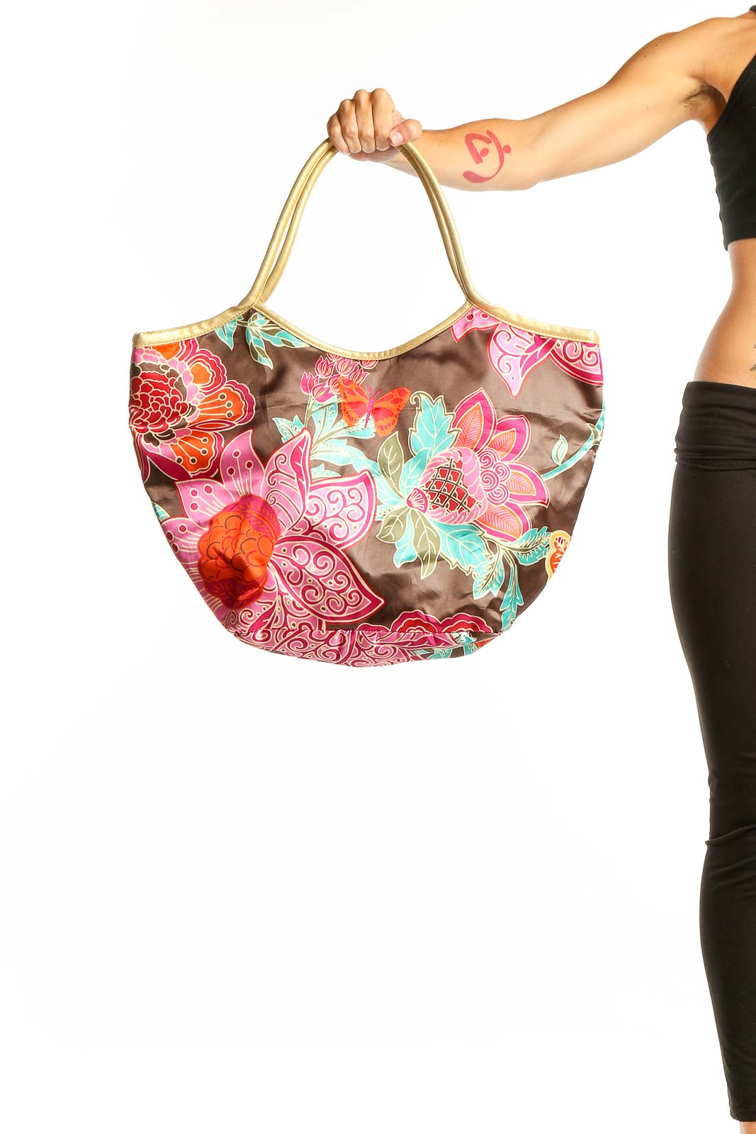 Front view of SilkRoll brown tote bag with colorful floral and butterfly print