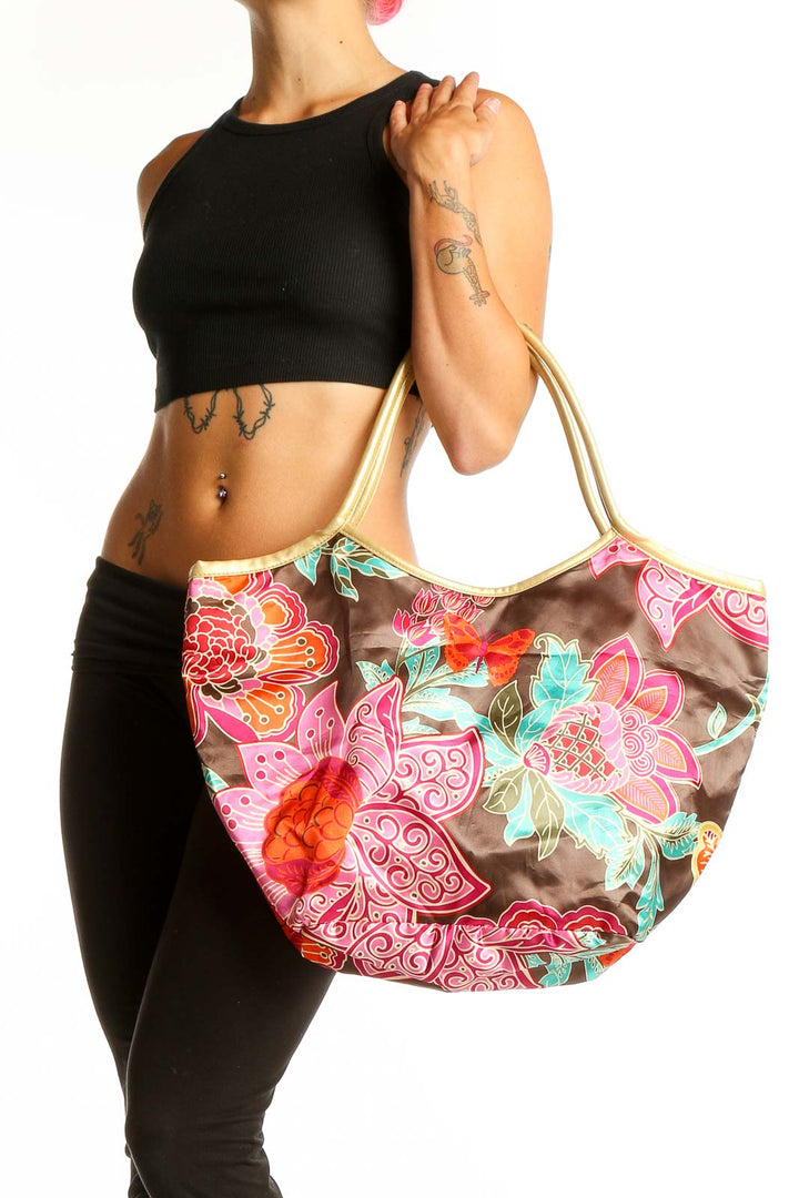 Front view of SilkRoll brown tote bag with colorful floral and butterfly print