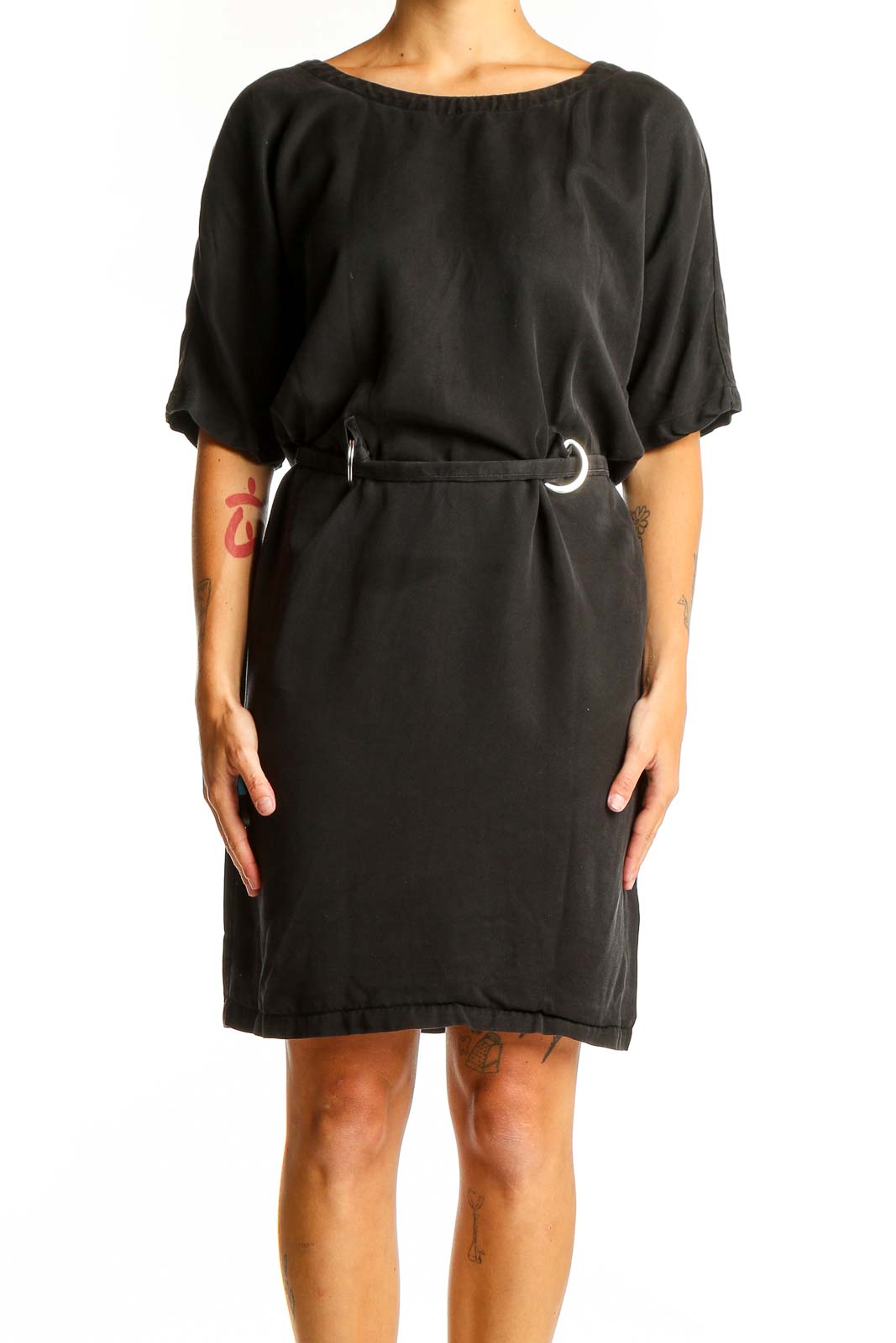 Front view of black RESERVED belted dress with short sleeves