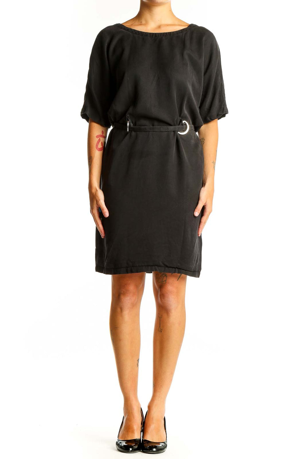Front view of black RESERVED belted dress with short sleeves
