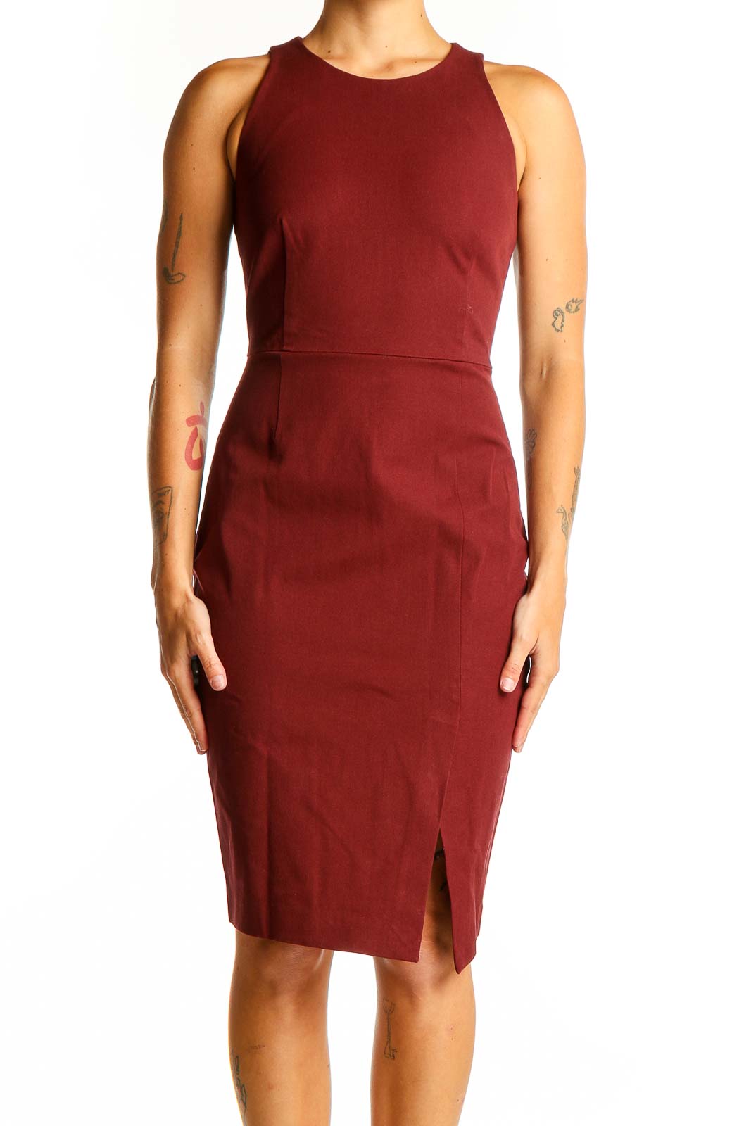 Front view of Banana Republic burgundy sleeveless fitted midi dress with front slit