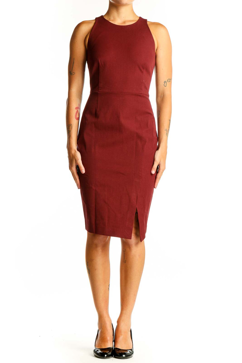 Front view of Banana Republic burgundy sleeveless fitted midi dress with front slit