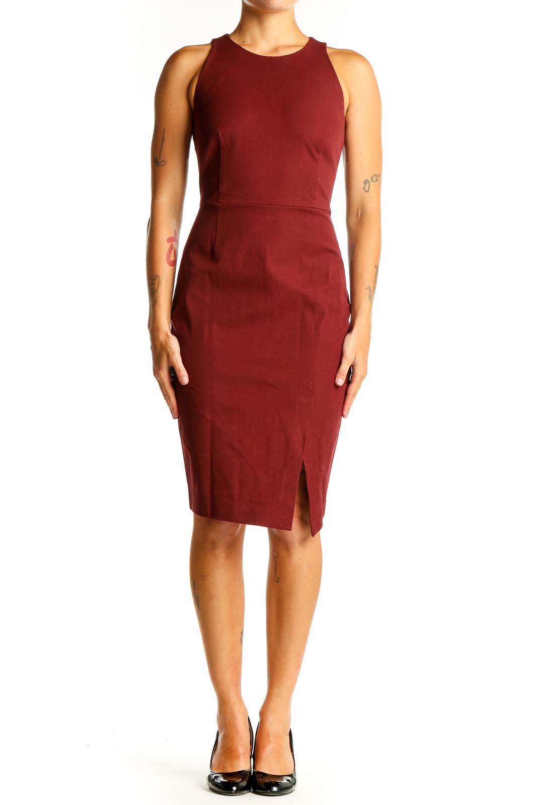 Front view of Banana Republic burgundy sleeveless fitted midi dress with front slit