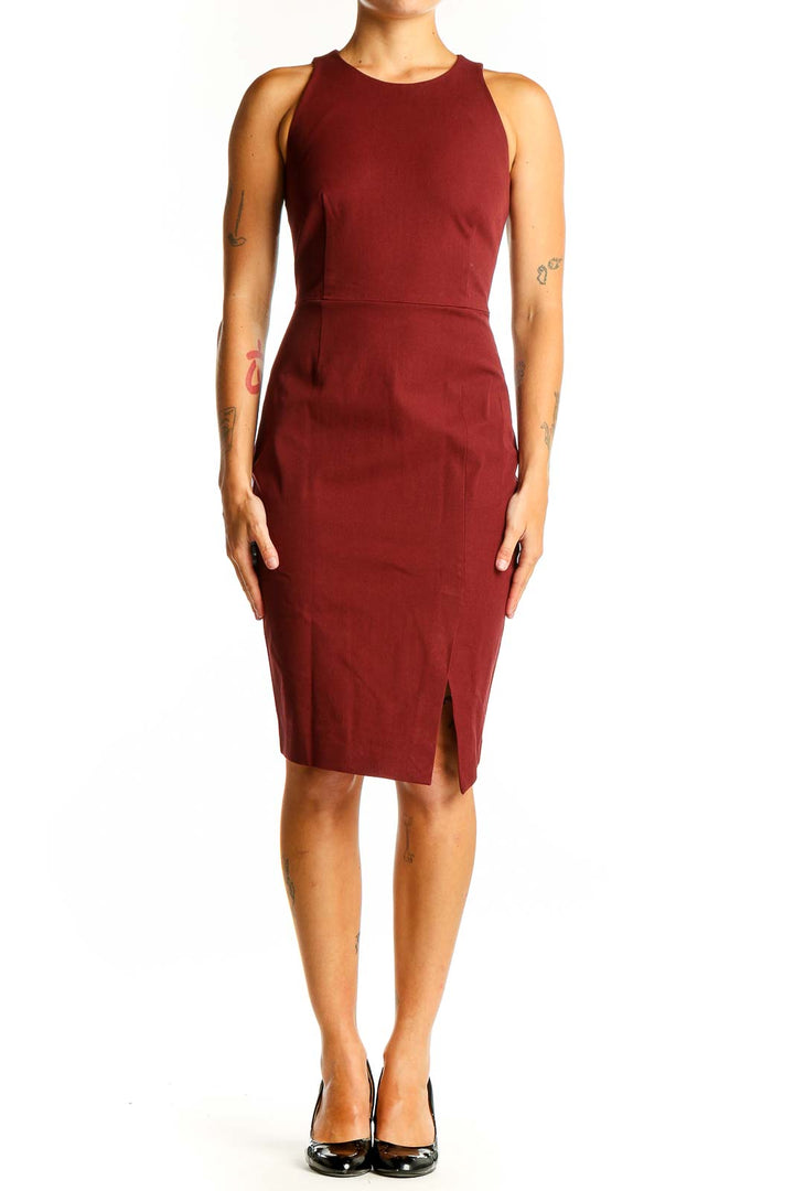 Front view of Banana Republic burgundy sleeveless fitted midi dress with front slit