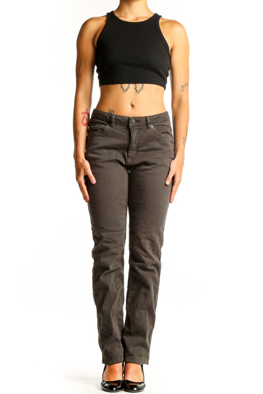 Front view of DU/ER brown straight leg jeans on woman