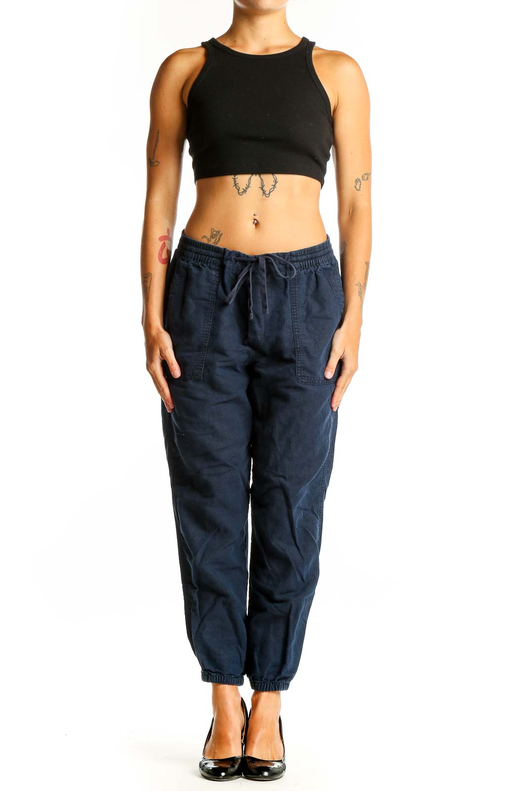 Front view of navy Gap jogger pants with elastic waistband and drawstring