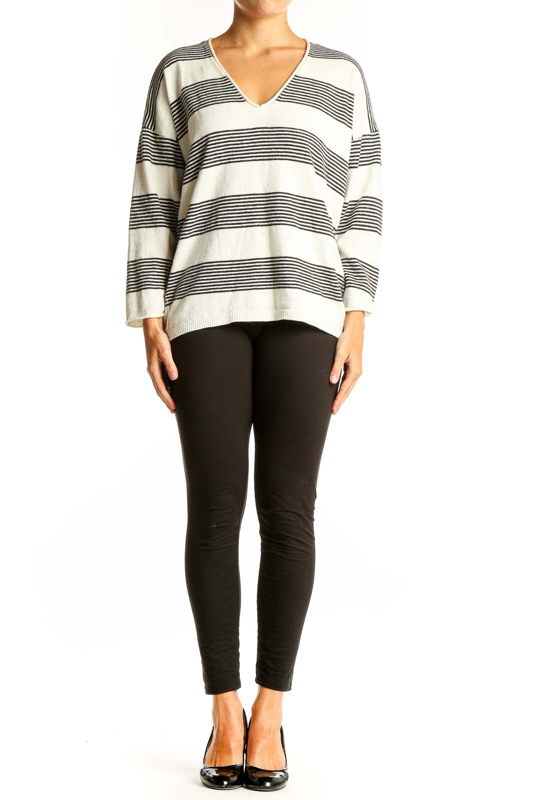 Front view of Madewell white and black striped V-neck sweater