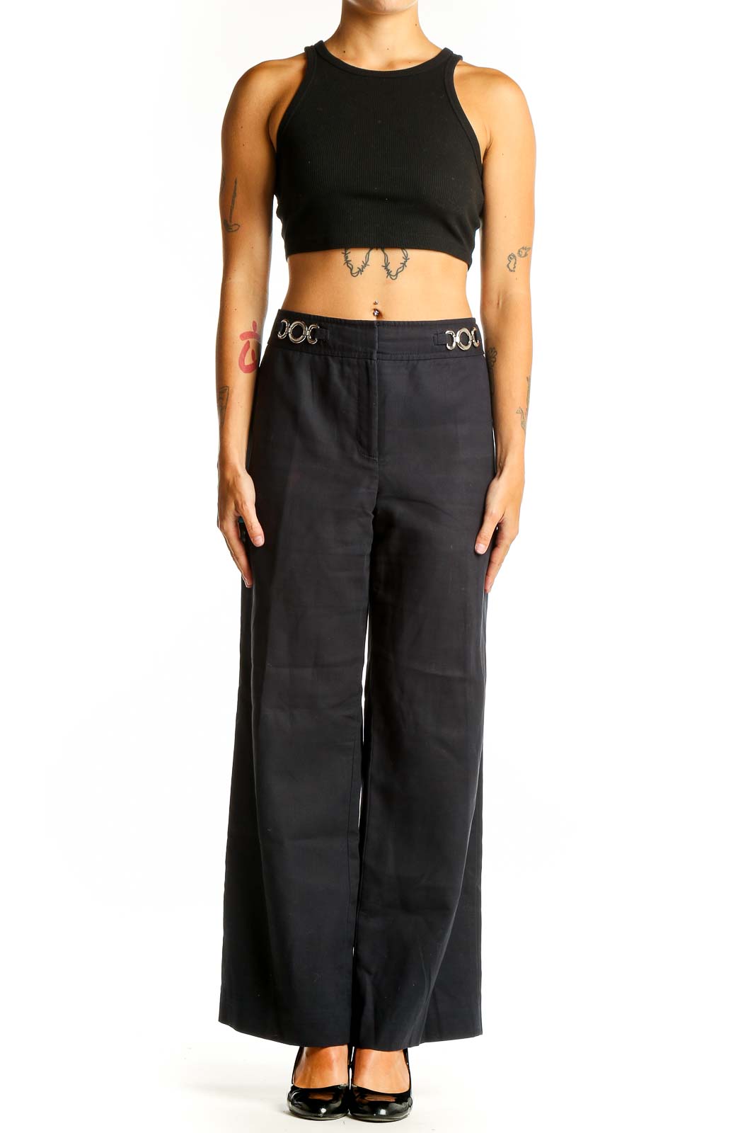 Front view of Ann Taylor black wide-leg acetate pants with metal ring waist details